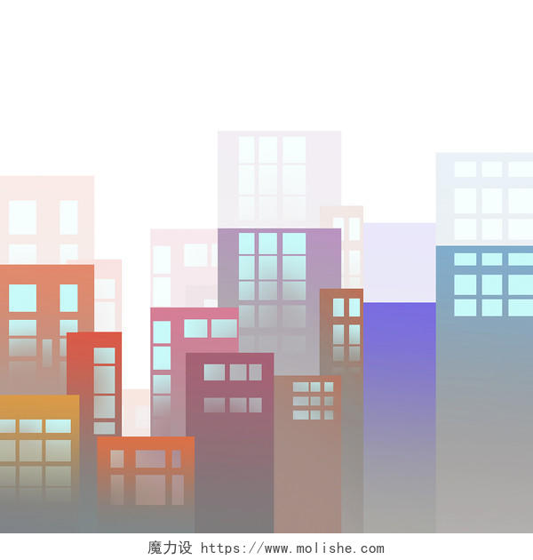 彩色手绘扁平化城市建筑高楼大厦元素PNG素材